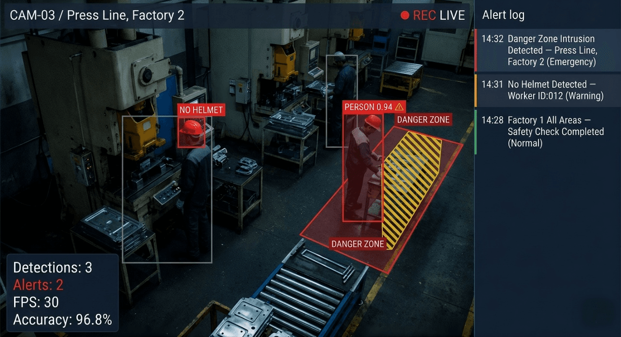 AI hazard detection analyzing live factory camera footage
